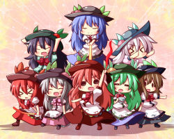 Rule 34 | &gt; &lt;, 6+girls, :d, ^ ^, alternate color, alternate hair color, arm up, arms up, black hair, blue hair, blush, boots, brown hair, chibi, clone, closed eyes, dress, closed eyes, female focus, food, fruit, green hair, hat, hinanawi tenshi, holding, long hair, multiple girls, multiple persona, ominaeshi (takenoko), open mouth, peach, player 2, red hair, silver hair, smile, solid circle eyes, sword of hisou, touhou, touhou hisoutensoku
