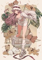 Rule 34 | 1girl, absurdres, armchair, blunt bangs, breasts, brown background, cardigan, chair, confetti, dropping, floating clothes, full body, haruno taku, hat, highres, leaf, leaning forward, long hair, long sleeves, looking at viewer, loose socks, medium breasts, midriff, original, outside border, pigeon-toed, pillow, plaid, plaid shirt, red eyes, red hair, red ribbon, ribbon, rounded corners, shirt, shorts, sidelocks, socks, solo, standing, standing on one leg, stuffed animal, stuffed toy, teddy bear, vase, very long hair, white cardigan, white hat, white shorts, white socks