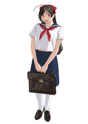 1girl absurdres ahoge alternate_costume bag black_footwear blue_sailor_collar blue_skirt brown_hair hair_ribbon highres kantai_collection loafers long_hair mamiya_(kancolle) ojipon red_eyes ribbon sailor_collar school_uniform serafuku shirt shoes simple_background skirt socks solo standing summer_uniform v_arms white_background white_shirt white_socks