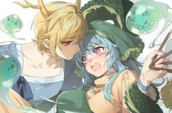 Rule 34 | 2girls, apron, blonde hair, blue hair, blue shirt, blush, collarbone, commentary request, commission, dragon girl, dragon horns, dragon tail, embarrassed, face-to-face, green apron, green headwear, haniyasushin keiki, head scarf, highres, horns, jewelry, kicchou yachie, long hair, magatama, magatama necklace, multiple girls, necklace, open mouth, otter spirit (touhou), purple eyes, qianjingya, red eyes, second-party source, shirt, short hair, tail, tail wrap, touhou, upper body, water, white background, wood carving tool, yellow horns, yellow shirt, yuri