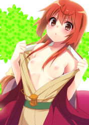 Rule 34 | 1girl, :o, bad id, bad pixiv id, bare shoulders, blush, breasts, brown eyes, buratei marii, collarbone, female focus, flashing, holding, japanese clothes, joshiraku, kimono, long hair, looking at viewer, nipples, open clothes, red hair, small breasts, solo, undressing, yukian