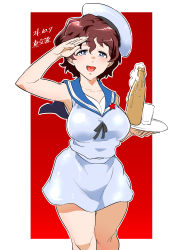 Rule 34 | 1girl, absurdres, akaboshi koume, alcohol, artist name, beer, beret, blue eyes, blue sailor collar, bottle, breasts, bright pupils, brown hair, commentary request, cowboy shot, cup, dated, dress, drinking glass, girls und panzer, half-closed eyes, hat, highres, holding, holding tray, large breasts, looking at viewer, open mouth, outline, outside border, partial commentary, red background, sailor collar, sailor dress, salute, shinkuukan (tetsuo3), short dress, short hair, signature, sleeveless, sleeveless dress, smile, solo, standing, star (symbol), tilted headwear, tray, wavy hair, white dress, white hat, white outline, white pupils