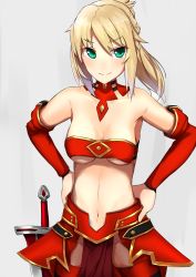Rule 34 | 1girl, bare shoulders, blonde hair, blush, braid, breasts, cleavage, detached sleeves, fate/grand order, fate (series), green eyes, hand on own hip, highres, long hair, looking at viewer, medium breasts, mordred (fate), mordred (fate/apocrypha), nanakaku, navel, ponytail, red sleeves, simple background, smile, solo, standing, weapon, white background