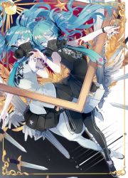 Rule 34 | 2girls, bad id, bad pixiv id, breasts, eyelashes, feathers, framed, gas mask, green eyes, green hair, hatsune miku, high heels, long hair, lyodi, mask, multiple girls, nail polish, necktie, picture frame, pleated skirt, reversible campaign, reversible campaign (vocaloid), shirt, skirt, sleeveless, sleeveless shirt, small breasts, sword, twintails, v, vocaloid, weapon