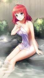 Rule 34 | 1girl, antenna hair, breasts, collarbone, covering privates, doukyuusei another world, game cg, grin, kakyuusei, large breasts, long hair, looking at viewer, nude, nude cover, official art, onsen, purple eyes, purple towel, red hair, sideboob, sitting, smile, soaking feet, solo, tachibana mayumi