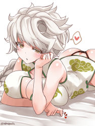 Rule 34 | 1girl, alternate costume, ass, asymmetrical hair, black panties, blush, braid, breasts, butt crack, chinese clothes, cleavage, cleavage cutout, clothing cutout, cloud print, colored eyelashes, duplicate, elbow rest, half-closed eyes, heart, highres, kantai collection, large breasts, long hair, lying, on stomach, one-hour drawing challenge, panties, simple background, single braid, skindentation, solo, spoken heart, swept bangs, takase muh, twitter username, underwear, unryuu (kancolle), very long hair, wavy hair, white background, white hair, yellow eyes