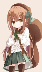 Rule 34 | 1girl, animal ears, animal hat, backpack, bag, beret, blush, bow, brown background, brown eyes, brown hair, brown hat, brown thighhighs, closed mouth, collared shirt, dress shirt, fake animal ears, green bow, green skirt, hair between eyes, hair bow, hair ornament, hairclip, hands up, hat, holding strap, long hair, long sleeves, looking at viewer, low twintails, original, pleated skirt, puffy long sleeves, puffy sleeves, shirt, simple background, skirt, smile, solo, squirrel girl (yuuhagi (amaretto-no-natsu)), squirrel tail, striped, striped bow, tail, thighhighs, twintails, very long hair, white shirt, yuuhagi (amaretto-no-natsu)