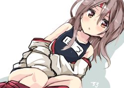 Rule 34 | 10s, 1girl, absurdres, amano kouki, bare shoulders, blush, brown hair, collarbone, hachimaki, headband, highres, japanese clothes, kantai collection, looking at viewer, one-piece swimsuit, school swimsuit, signature, simple background, sketch, solo, swimsuit, undressing, white background, yellow eyes, zuihou (kancolle)