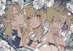 Rule 34 | 1girl, 2boys, albedo (genshin impact), artist name, bare shoulders, bishounen, blonde hair, breasts, cleavage, closed mouth, dress, closed eyes, flower, genshin impact, hair flower, hair ornament, holding another&#039;s arm, lips, lumine (genshin impact), multiple boys, quinny il, star (symbol), upper body, white dress, yellow eyes