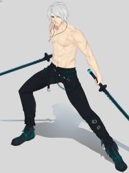 Rule 34 | 1boy, abs, absurdres, belt, black footwear, blue eyes, chain, clenched teeth, cross, dual wielding, glowing, glowing sword, glowing weapon, grey background, highres, holding, holding sword, holding weapon, jewelry, katana, leg belt, male focus, muscular, muscular male, navel, necklace, original, parted lips, scar, scar on arm, scar on chest, shadow, simple background, solo, sword, teeth, topless male, torn, torn clothes, w4pz, weapon, white hair