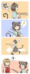 Rule 34 | 2girls, 4koma, animal ears, blonde hair, blush, capelet, comic, dowsing rod, grey hair, hair ornament, highres, jewelry, kapiten70, mouse ears, mouse tail, multicolored hair, multiple girls, nazrin, open mouth, red eyes, short hair, silent comic, smile, tail, toramaru shou, touhou, treasure chest, yellow eyes