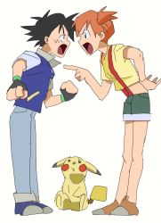 Rule 34 | 1boy, 1girl, angry, arguing, ash ketchum, black hair, blue footwear, blue pants, brown footwear, clenched hands, creatures (company), eye contact, fingerless gloves, game freak, gen 1 pokemon, gloves, hand on own hip, highres, jacket, looking at another, misty (pokemon), nashubi (to infinity wow), nintendo, open mouth, orange hair, pants, pikachu, pokemon, pokemon (anime), pokemon (classic anime), pokemon (creature), shirt, shoes, short ponytail, shorts, side ponytail, standing, suspenders, tongue, white background, yellow shirt
