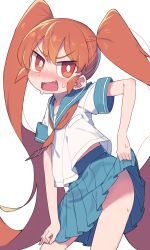 Rule 34 | blouse, blush, clothes lift, embarrassed, fang, hair between eyes, highres, lifting own clothes, long hair, open mouth, pleated skirt, red hair, school uniform, serafuku, shirt, simple background, skirt, solo, sweat, thighs, tsurime, twintails, ueno-san wa bukiyou, ueno (ueno-san wa bukiyou), v-shaped eyebrows, very long hair, wagashi928, white background, white shirt