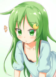 Rule 34 | 10s, 1girl, accidental exposure, blush, crescent moon, downblouse, flat chest, gradient background, green eyes, green hair, hair ornament, kamakani (kanikama8192), kantai collection, leaning forward, long hair, looking at viewer, matching hair/eyes, moon, nagatsuki (kancolle), nipples, parted lips, simple background, solo