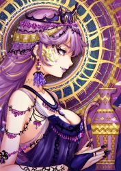 Rule 34 | 1girl, aquarius (zodiac), black nails, breasts, cleavage, earrings, from side, highres, holding, jewelry, long hair, nail polish, necklace, original, parted lips, profile, purple hair, sakiyamama, smile, solo, upper body, vase, zodiac