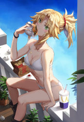 Rule 34 | 1girl, bag, balcony, bare arms, bare shoulders, blonde hair, blue sky, bra, braid, breasts, burger, collarbone, commentary, cup, day, drinking straw, eating, fast food, fate/apocrypha, fate (series), food, french braid, french fries, green eyes, hair ornament, hair scrunchie, highres, holding, holding food, long hair, looking at viewer, mordred (fate), mordred (fate/apocrypha), navel, panties, paper bag, parted bangs, ponytail, red scrunchie, scrunchie, sidelocks, sitting, sky, small breasts, solo, stomach, tonee, underwear, underwear only, wcdonald&#039;s, white panties