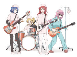 Rule 34 | 4girls, black thighhighs, blonde hair, blue eyes, blue hair, blue pajamas, blue shirt, blush, bocchi the rock!, closed mouth, commentary request, cube hair ornament, dress, drum, drum (container), drum set, full body, gotoh hitori, green eyes, guitar, hair between eyes, hair ornament, hat, high heels, highres, holding, holding instrument, ijichi nijika, instrument, kita ikuyo, long hair, long sleeves, multiple girls, music, nurse, nurse cap, one side up, open mouth, pajamas, pink dress, pink footwear, pink hair, pink headwear, playing instrument, red eyes, red footwear, red hair, sandals, shirt, short hair, side ponytail, sidelocks, simple background, sitting, smile, spitz (band), standing, sunglasses, thighhighs, tokufumi, white background, white thighhighs, yamada ryo, yellow eyes