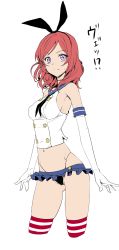 Rule 34 | !?, 1girl, bare shoulders, blush, clearite, cosplay, cropped legs, crossover, elbow gloves, gloves, groin, highres, kantai collection, looking at viewer, love live!, love live! school idol project, microskirt, navel, nishikino maki, panties, pantyshot, purple eyes, red hair, shimakaze (kancolle), shimakaze (kancolle) (cosplay), short hair, simple background, skindentation, skirt, solo, striped clothes, striped thighhighs, sweatdrop, thighhighs, thong, underwear, upskirt, white background, white gloves