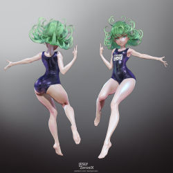 Rule 34 | 1girl, 3d, absurdres, artist name, ass, bad id, bad pixiv id, barefoot, curly hair, feet, floating, floating clothes, from behind, full body, green eyes, green hair, highres, leslyzerosix, matching hair/eyes, navel, one-piece swimsuit, one-punch man, open hand, outstretched arm, pointing, pointing up, school swimsuit, shiny clothes, skin tight, skindentation, solo, swimsuit, tatsumaki, telekinesis, thighs, watermark