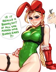 Rule 34 | 1boy, 1girl, animal ears, bare shoulders, blonde hair, blushyspicy, braid, breasts, cammy white, covered navel, english text, fake animal ears, gloves, green leotard, grin, groin, guile, highleg, highleg leotard, highres, large breasts, leotard, long hair, looking at viewer, playboy bunny, rabbit ears, red gloves, shiny clothes, sitting, smile, solo focus, speech bubble, street fighter, street fighter v, twin braids