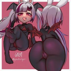 Rule 34 | 1girl, absurdres, animal ears, ass, bat hair ornament, bat wings, black bodysuit, bodysuit, breasts, cameltoe, cleft of venus, fangs, female focus, greatestgori, grey hair, hair ornament, highres, long hair, medium breasts, multicolored hair, nipples visible through clothes, open mouth, pink background, purple hair, red eyes, shortstack, solo, streaked hair, twintails, wings