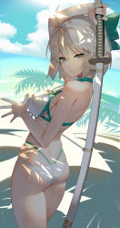 Rule 34 | 1girl, absurdres, ahoge, aqua bow, arm up, ass, bare arms, bare shoulders, beach, bikini, blue sky, bow, breasts, butt crack, cloud, commentary, cowboy shot, day, fate/grand order, fate (series), grey eyes, hair between eyes, hair bow, highres, holding, holding sword, holding weapon, katana, looking at viewer, medium breasts, multi-strapped bikini, okita j. souji (fate), okita j. souji (third ascension) (fate), okita souji (fate), okita souji (koha-ace), outdoors, scottie (phantom2), short hair, silver hair, sky, solo, standing, swimsuit, sword, thighs, weapon, white bikini