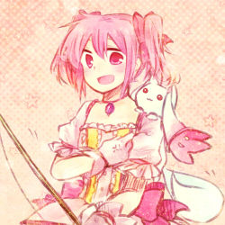 Rule 34 | 10s, 1girl, :3, :d, blush, bow (weapon), dress, female focus, gloves, jewelry, kaname madoka, kyubey, lowres, mahou shoujo madoka magica, mahou shoujo madoka magica (anime), mizuki (flowerlanguage), necklace, open mouth, pink eyes, pink hair, pointy ears, short hair, short sleeves, smile, solo, star (symbol), tail, twintails, weapon