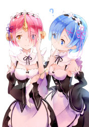 Rule 34 | 10s, 2girls, ?, amicis (amisic), apron, black dress, blue eyes, blue hair, blunt bangs, breasts, cleavage, closed mouth, collar, cosplay, crossover, daisy, detached collar, detached sleeves, dress, eyes visible through hair, fate/apocrypha, fate/grand order, fate (series), finger to mouth, flower, frankenstein&#039;s monster (fate), frilled apron, frilled collar, frilled sleeves, frills, hair ornament, hair over one eye, headgear, heterochromia, highres, holding, holding flower, horns, long sleeves, look-alike, looking at another, looking to the side, maid, maid apron, maid headdress, medium breasts, multiple girls, pink hair, pink ribbon, purple ribbon, ram (re:zero), ram (re:zero) (cosplay), re:zero kara hajimeru isekai seikatsu, rem (re:zero), ribbon, short hair, siblings, simple background, single horn, sisters, smile, standing, twins, white background, wide sleeves, x hair ornament, yellow eyes