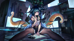 Rule 34 | 1girl, between legs, black pantyhose, black skirt, blue jacket, braid, commentary, computer, crop top, dk.senie, feathered wings, feet out of frame, flower, frilled skirt, frills, green hair, hand between legs, head wings, highres, holding, holding phone, jacket, long hair, looking at viewer, midriff, monitor, navel, off shoulder, open clothes, open jacket, original, pantyhose, parted lips, phone, purple eyes, shirt, sitting, skirt, smile, solo, strap slip, symbol-only commentary, tentacles, white flower, white shirt, wings