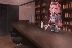 Rule 34 | 1girl, absurdres, animal ears, arknights, bar (place), bar stool, braid, cat ears, cocktail glass, cocktail shaker, commentary request, cup, drinking glass, glass, goldenglow (arknights), hairband, highres, indoors, jacket, long hair, multicolored clothes, multicolored jacket, open mouth, pink hair, shirt, shirt tucked in, single braid, solo, stool, two-tone jacket, white shirt, yellow eyes, yoshi-j