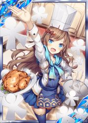 Rule 34 | 1girl, :d, akkijin, blue eyes, blue ribbon, breasts, brown hair, card (medium), chef, chef hat, chef, chicken (food), cup, drinking glass, food, frilled skirt, frills, frying pan, glass, hair ornament, hand up, hat, indoors, long hair, looking at viewer, looking up, medium breasts, official art, open mouth, plate, ribbon, shikigami, shinkai no valkyrie, skirt, smile, table, thighhighs
