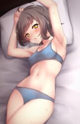 Rule 34 | 1girl, absurdres, armpits, arms up, bed, bed sheet, blue bra, blue panties, blunt bangs, blush, bra, breasts, brown hair, cleavage, collarbone, commentary request, highres, hot, kantai collection, kishinami (kancolle), looking at viewer, lying, navel, nuka (nvkka), on back, on bed, panties, parted lips, pillow, short hair, small breasts, solo, sweat, underwear, yellow eyes