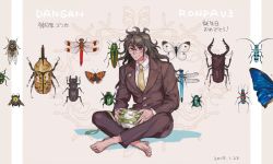 Rule 34 | 1boy, barefoot, blazer, brown hair, bug, butterfly, danganronpa (series), danganronpa v3: killing harmony, dated, dragonfly, full body, glasses, gokuhara gonta, green necktie, indian style, insect, insect cage, jacket, kurome1127, long hair, looking at viewer, male focus, necktie, round eyewear, school uniform, sitting, smile, solo, stag beetle