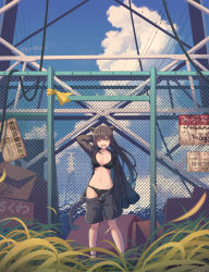 Rule 34 | 1girl, absurdres, amekaze yukinatsu, animal ears, arm up, bad id, bad pixiv id, bird, black bra, black hair, black jacket, black panties, black shorts, blue sky, blush, bow, bow bra, bow panties, bra, breasts, brown eyes, cable, cat ears, cat girl, cat tail, chain-link fence, clothes pull, cloud, collarbone, commentary request, day, fang, female focus, fence, grass, groin, hair between eyes, highres, hood, hood down, hooded jacket, jacket, long hair, long sleeves, medium breasts, navel, on grass, one eye closed, open clothes, open jacket, open mouth, original, outdoors, oversized clothes, panties, power lines, revision, short shorts, shorts, shorts pull, sign, sky, sleeveless, sleeveless turtleneck, sleeves past wrists, solo, standing, tail, tears, translation request, transmission tower, turtleneck, underwear, very long hair, wind