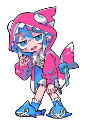 Rule 34 | 1girl, absurdres, animal hood, animal slippers, blue eyes, blue footwear, blue hair, blush stickers, coat, collared shirt, fangs, fins, fish skeleton print, fish tail, full body, hair ornament, hand on own knee, hand up, highres, hood, jitome, long hair, looking at viewer, multicolored hair, open clothes, open coat, open mouth, pink nails, pink raincoat, pointy ears, pouch, print shirt, raincoat, shark fin, shark hood, shark slippers, shark tail, sharkvox, shirt, sidelocks, simple background, slippers, solo, star (symbol), star hair ornament, streaked hair, tail, terada tera, white background, white hair, white shirt