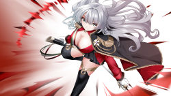 Rule 34 | 1girl, absurdres, aiguillette, azur lane, black cape, black skirt, black thighhighs, braid, breasts, cape, cleavage, epaulettes, gloves, grey eyes, highres, holding, holding sheath, jacket, large breasts, leg up, long hair, medal, miniskirt, pleated skirt, red cape, red jacket, sheath, silver hair, skirt, solo, thighhighs, two-tone cape, unsheathed, vittorio veneto (azur lane), white gloves, winterfall (artenh), zettai ryouiki