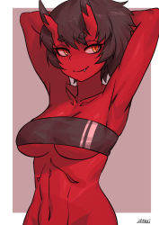 Rule 34 | 1girl, armpits, arms behind head, bandeau, black hair, border, breasts, brown background, cleavage, colored skin, fang, fang out, horns, kidouko (zakusi), large breasts, linea alba, looking at viewer, navel, oni, oni horns, orange eyes, original, red oni, red skin, short hair, signature, simple background, skin fang, smile, smug, solo, strapless, tube top, underboob, white border, zakusi