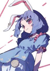 Rule 34 | 1girl, animal ears, blue dress, blue hair, closed mouth, commentary request, cowboy shot, dress, earclip, frilled sleeves, frills, highres, long hair, nama udon, puffy short sleeves, puffy sleeves, rabbit ears, rabbit girl, red eyes, seiran (touhou), short sleeves, slit pupils, solo, touhou