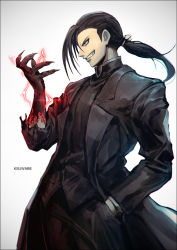 Rule 34 | 1boy, black hair, fullmetal alchemist, grin, k-suwabe, ling yao, long hair, male focus, ponytail, red eyes, simple background, smile, solo, white background