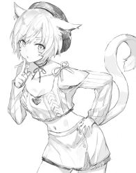 Rule 34 | 10s, 1girl, animal ears, arm up, armpits, bare shoulders, breasts, buttons, cat ears, cat girl, cat tail, chestnut mouth, cleavage, cleavage cutout, clothing cutout, collarbone, contrapposto, cowboy shot, crop top, ear piercing, facial mark, final fantasy, final fantasy xiv, finger to mouth, furrowed brow, greyscale, groin, hand on own hip, hat, heart cutout, highres, index finger raised, jewelry, layered clothes, layered skirt, leaning forward, legs apart, long sleeves, looking at viewer, miqo&#039;te, momoko (momopoco), monochrome, navel, neck ribbon, off shoulder, open mouth, parted bangs, piercing, pleated skirt, ribbed sweater, ribbon, ring, short hair, shushing, side slit, simple background, sketch, skirt, sleeves past wrists, slit pupils, solo, standing, stomach, sweater, tail, thighs, unfinished, warrior of light (ff14)