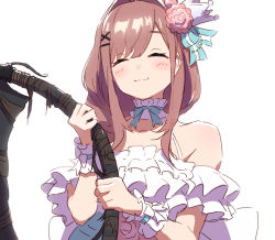 Rule 34 | 1girl, :3, ^ ^, bare shoulders, bloodborne, blush, bow, bowtie, brown hair, closed eyes, closed mouth, facing viewer, flower, frills, ftst2020, hair flower, hair ornament, holding, holding weapon, medium hair, nijisanji, saw, saw cleaver, simple background, solo, suzuhara lulu, upper body, virtual youtuber, weapon, white background, x hair ornament