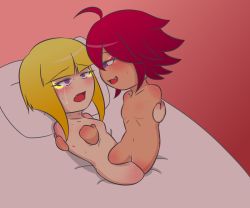 Rule 34 | 2girls, :3, ahoge, amputee, bed, blonde hair, blunt bangs, blush, grabbing another&#039;s breast, breasts, bruise, collarbone, crying, crying with eyes open, disembodied limb, facial mark, fang, flamberge (kirby), flat chest, girl on top, glowing, grabbing, gradient background, hime cut, injury, kirby: star allies, kirby (series), looking at another, mixsisters, multiple girls, navel, nintendo, no fingers, no nipples, nude, open mouth, pillow, pink background, purple eyes, pussy juice, red background, red hair, sex, short hair, simple background, small breasts, smile, sweat, tears, tribadism, yuri, zan partizanne