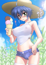 Rule 34 | 00s, 1girl, blue hair, breasts, chinese clothes, cloud, covered erect nipples, cutoffs, day, denim, denim shorts, dudou, female focus, food, green eyes, halterneck, hat, ice cream, large breasts, lyrical nanoha, mahou shoujo lyrical nanoha, mahou shoujo lyrical nanoha strikers, midriff, no bra, no panties, open mouth, outdoors, plant, sakura ryuuken, shirt, short hair, short shorts, shorts, sideboob, sky, solo, subaru nakajima, taut clothes, taut shirt, thighhighs, translation request, white thighhighs