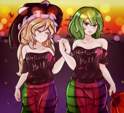 Rule 34 | 2girls, bad id, bad pixiv id, bare shoulders, bat (animal), blonde hair, blush, braid, breasts, cafeier, closed mouth, collarbone, commentary, cosplay, couple, dress, english commentary, female focus, gradient background, green hair, halloween, halloween bucket, hand up, hat, hecatia lapislazuli, hecatia lapislazuli (cosplay), highres, holding hands, interlocked fingers, kazami yuuka, kirisame marisa, long hair, looking at another, looking at viewer, medium breasts, multicolored clothes, multicolored dress, multiple girls, neck, off-shoulder shirt, off shoulder, open mouth, orange eyes, red eyes, shirt, short hair, side-by-side, smile, standing, touhou, witch hat, yuri