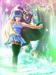 Rule 34 | 00s, 1girl, animal ears, armpits, black thighhighs, blue hair, character name, closed eyes, coat, unworn coat, dress, forest, galaxy angel, lens flare, mint blancmanche, nature, outdoors, ruku (alicecreation), short dress, short hair, solo, tagme, thighhighs, tree, water, zettai ryouiki