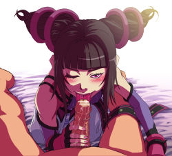 Rule 34 | 1boy, 1girl, bare shoulders, blush, bracelet, capcom, censored, detached sleeves, drill hair, elbow gloves, fellatio, fingerless gloves, gloves, hair ornament, han juri, hetero, highres, jewelry, kneeling, licking, looking at viewer, nail polish, one eye closed, oral, penis, pointless censoring, pov, purple eyes, saliva, solo focus, sonickymk2, spiked bracelet, spikes, street fighter, street fighter iv (series), tongue, twin drills, twintails, wink