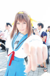 Rule 34 | armband, cosplay, hair ribbon, highres, kamijou yuzuru, photo (medium), ribbon, sailor, school uniform, serafuku, suzumiya haruhi, suzumiya haruhi no yuuutsu