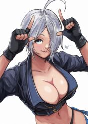 1girl absurdres angel_(kof) blue_eyes breasts cleavage collarbone fingerless_gloves gloves hair_over_one_eye highres jacket large_breasts midriff momo_juice navel revealing_clothes snk solo the_king_of_fighters white_hair