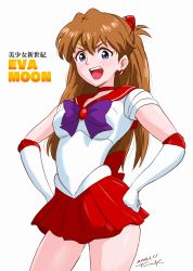Rule 34 | 1girl, absurdres, bare legs, bishoujo senshi sailor moon, blue eyes, breasts, brown hair, choker, cosplay, dated, earrings, elbow gloves, gloves, hair ornament, hands on own hips, highres, jewelry, large breasts, long hair, magical girl, medium breasts, miniskirt, neon genesis evangelion, pleated skirt, red skirt, sailor mars, sailor mars (cosplay), shiny skin, skirt, solo, souryuu asuka langley, tsundere, tsunemoku, two side up, white background, white gloves