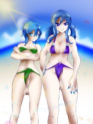 Rule 34 | 2girls, bikini, blue eyes, blue hair, breasts, bulge, erection, erection under clothes, fairy tail, flatpancakes, futanari, hair ornament, hairclip, highres, juvia lockser, large breasts, large penis, looking at viewer, medium breasts, multiple girls, penis, precum, precum through clothes, sinon, smile, smirk, swimsuit, sword art online, thick thighs, thighs, twintails